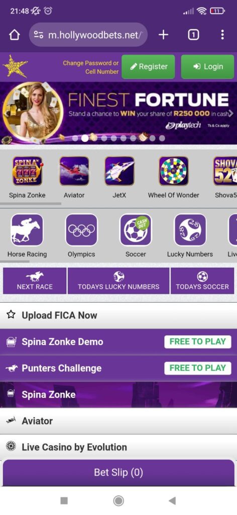 Hollywoodbets mobile view